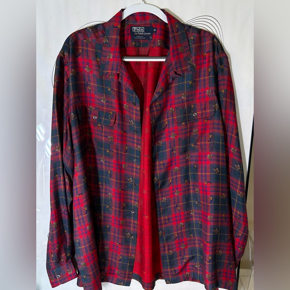RARE Polo Ralph Lauren Fox and French Horn Tartan Patterned Silk Button Down